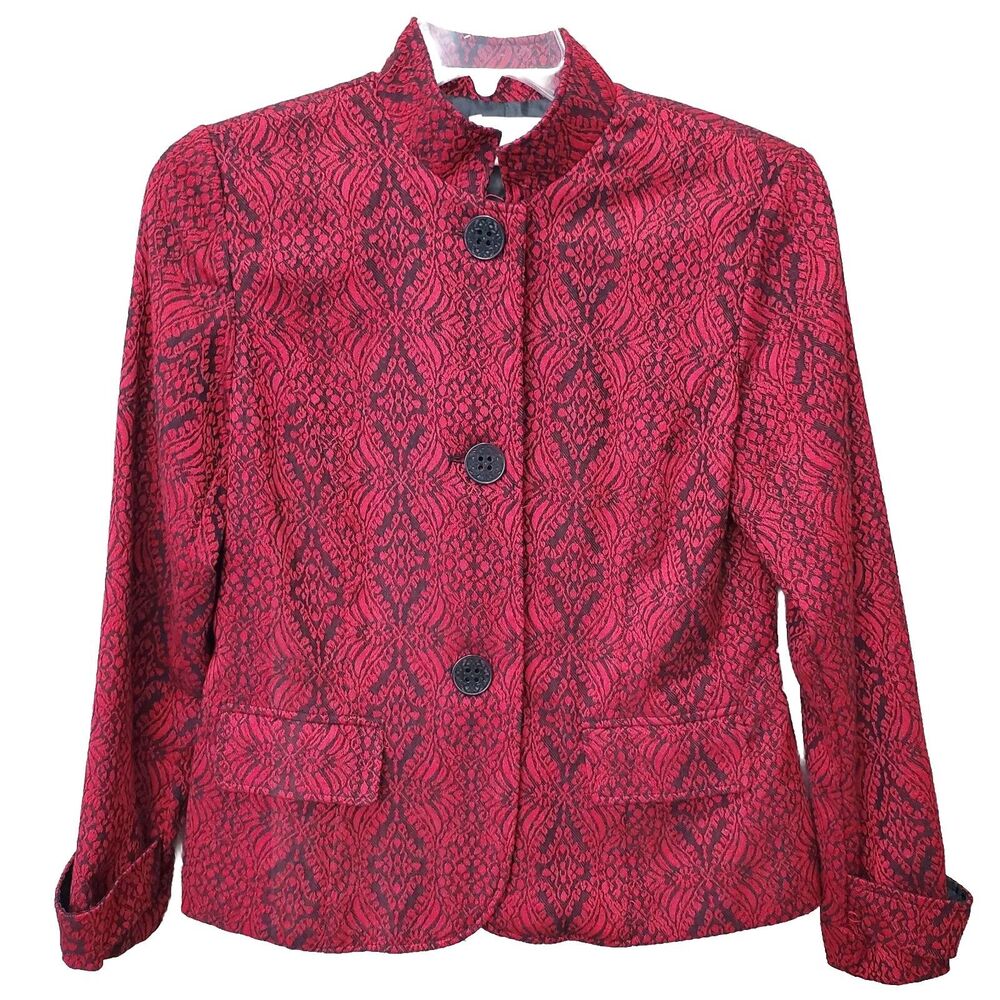 Coldwater Creek Red Jacquard Wool Blend Button-Up Jacket Size 12 Long Sleeve